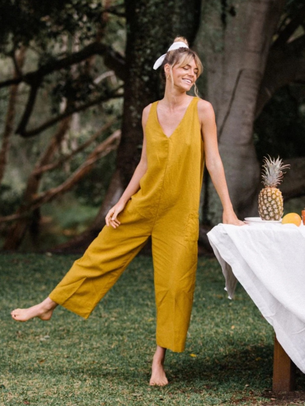 Wear By I Love Jumpsuit Linen V-Neck Sleeveless Mustard Yellow Crop Linen Size M
